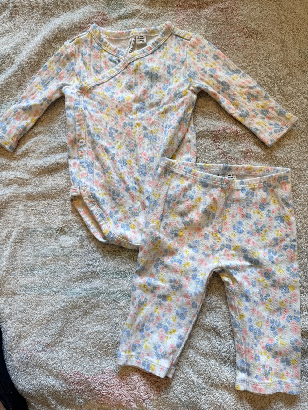 Janie and Jack Pastel Floral Ribbed Bodysuit & Pants Set - Pink, Blue, Yellow